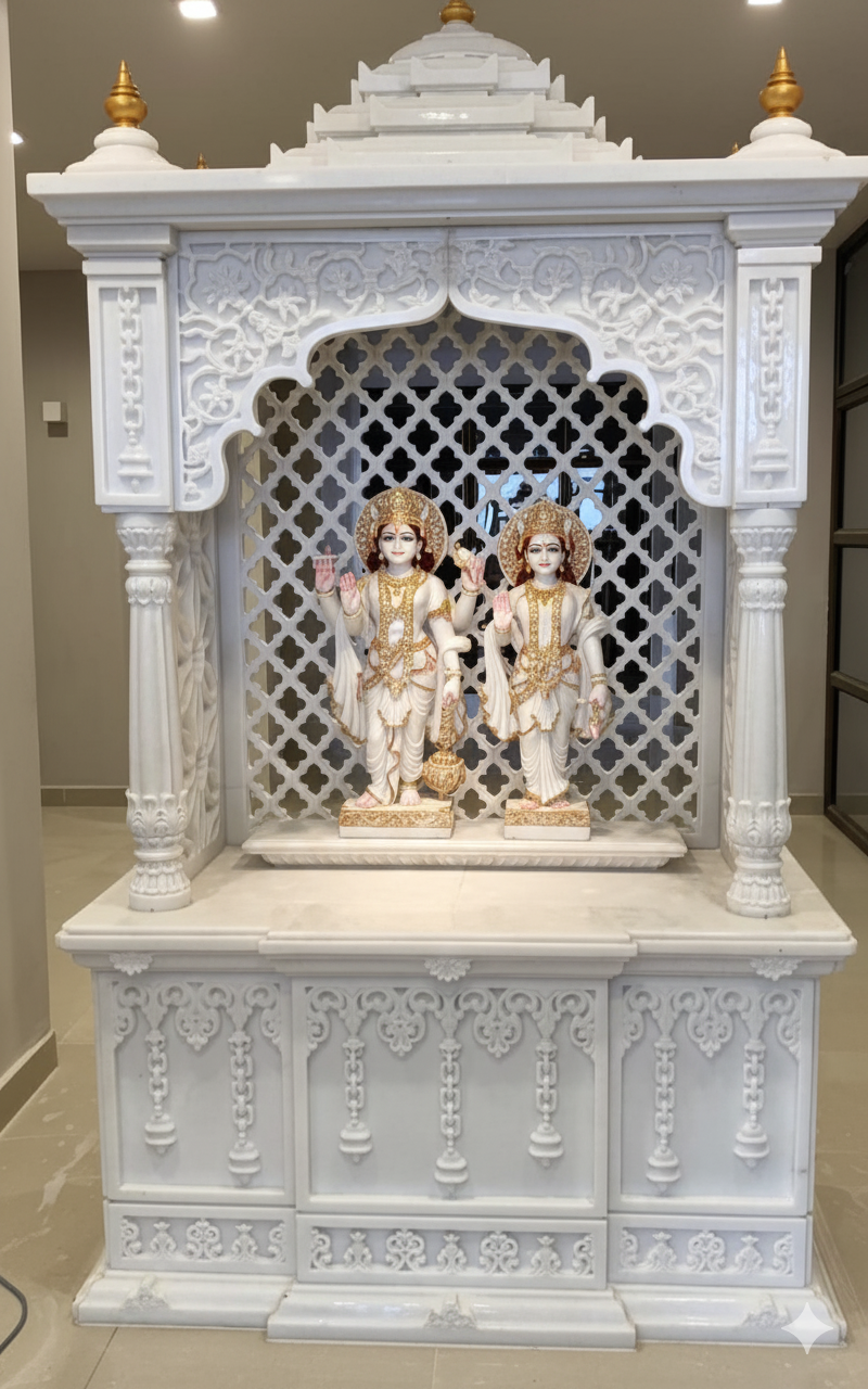 Marble Pooja Mandir with Floral Inlay